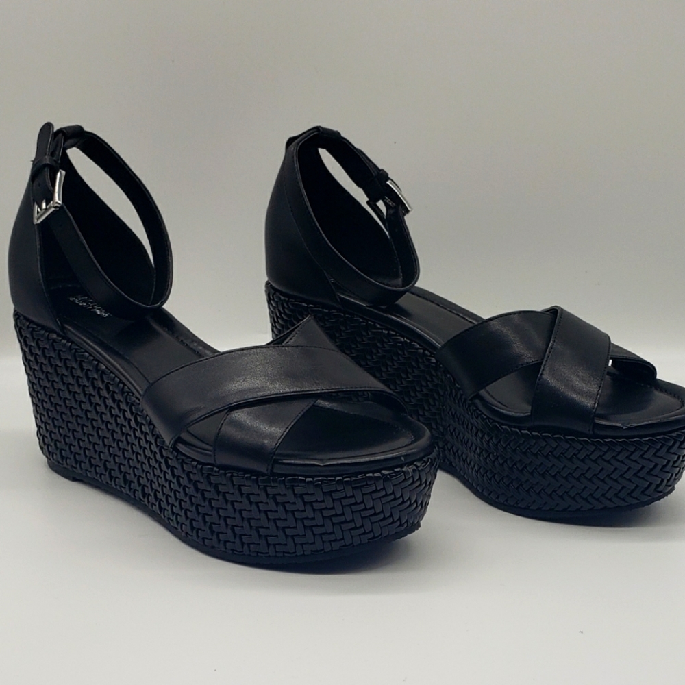 Michael Kors black wedge platform sandals with 3 1/2 inch heel